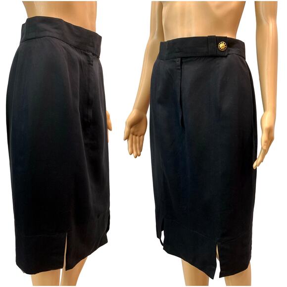 80's Louis Féraud Structured Black Pencil Skirt w Gold Sun Face Button | 28" - Picture 5 of 12